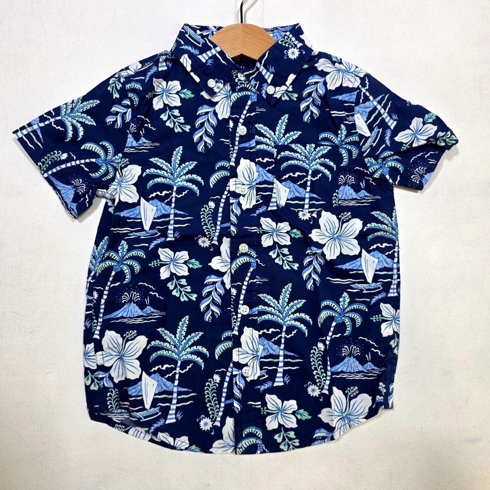 Janie and Jack Button Down Shirt Boys 4 Navy Tropical Island Palm Tree Print